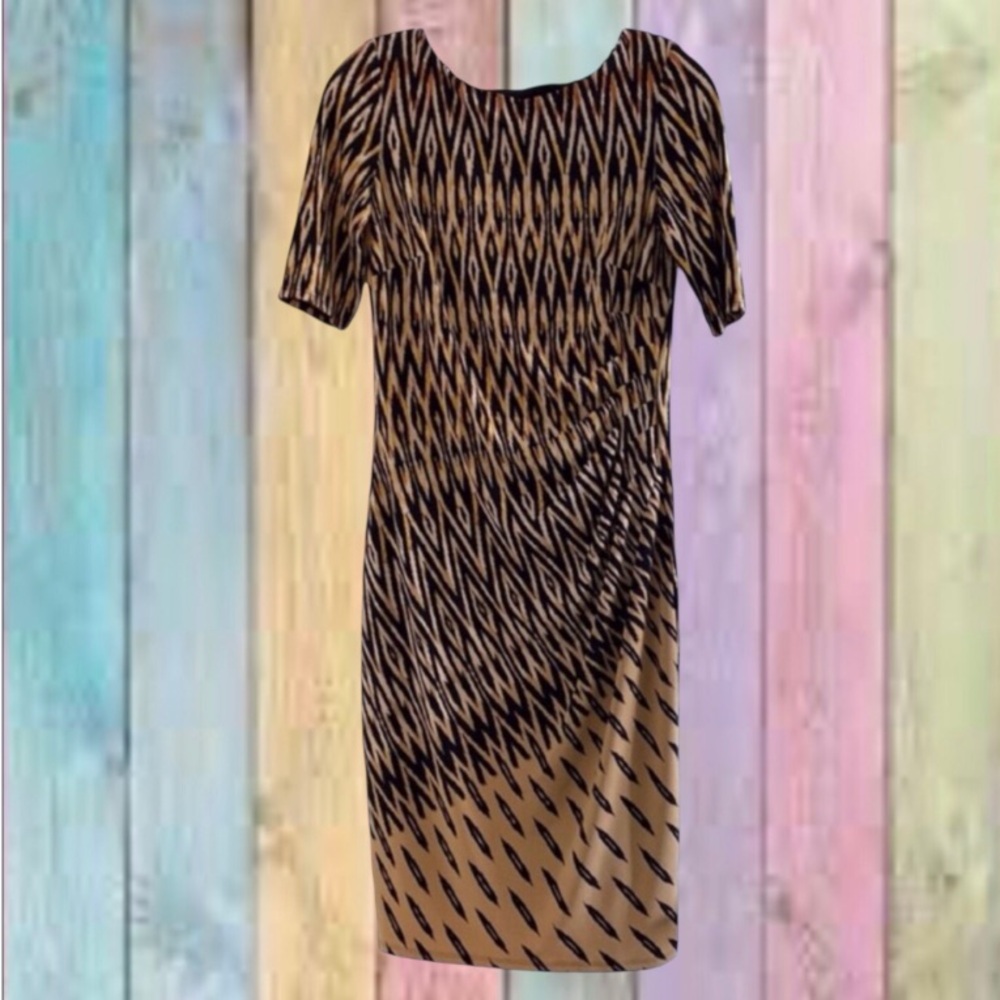 Anne Klein Tan Black Print Lined Side Ruching Midi Dress